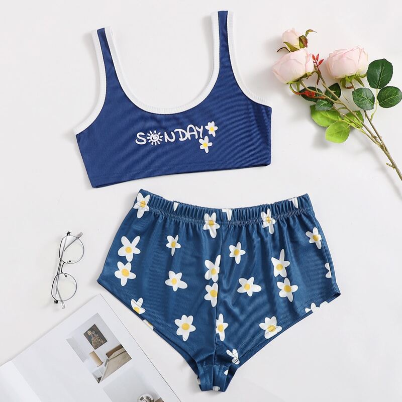 

Flower And Letter Graphic Tank Pajama Set, Blue