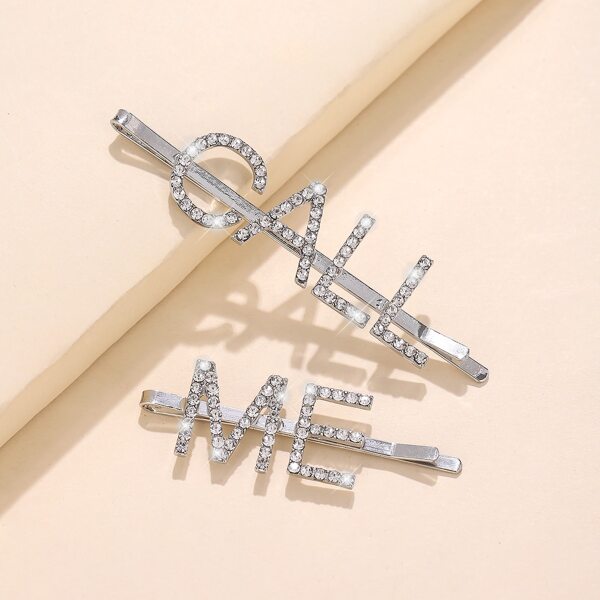 

2pcs Rhinestone Letter Design Hair Clip, Silver