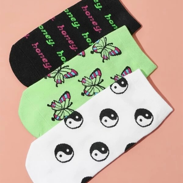 

3pairs Yin & Yang Print Ankle Socks, Multicolor