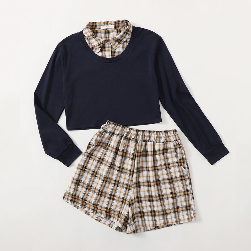 

2 In 1 Collar Sweatshirt & Plaid Shorts, Multicolor