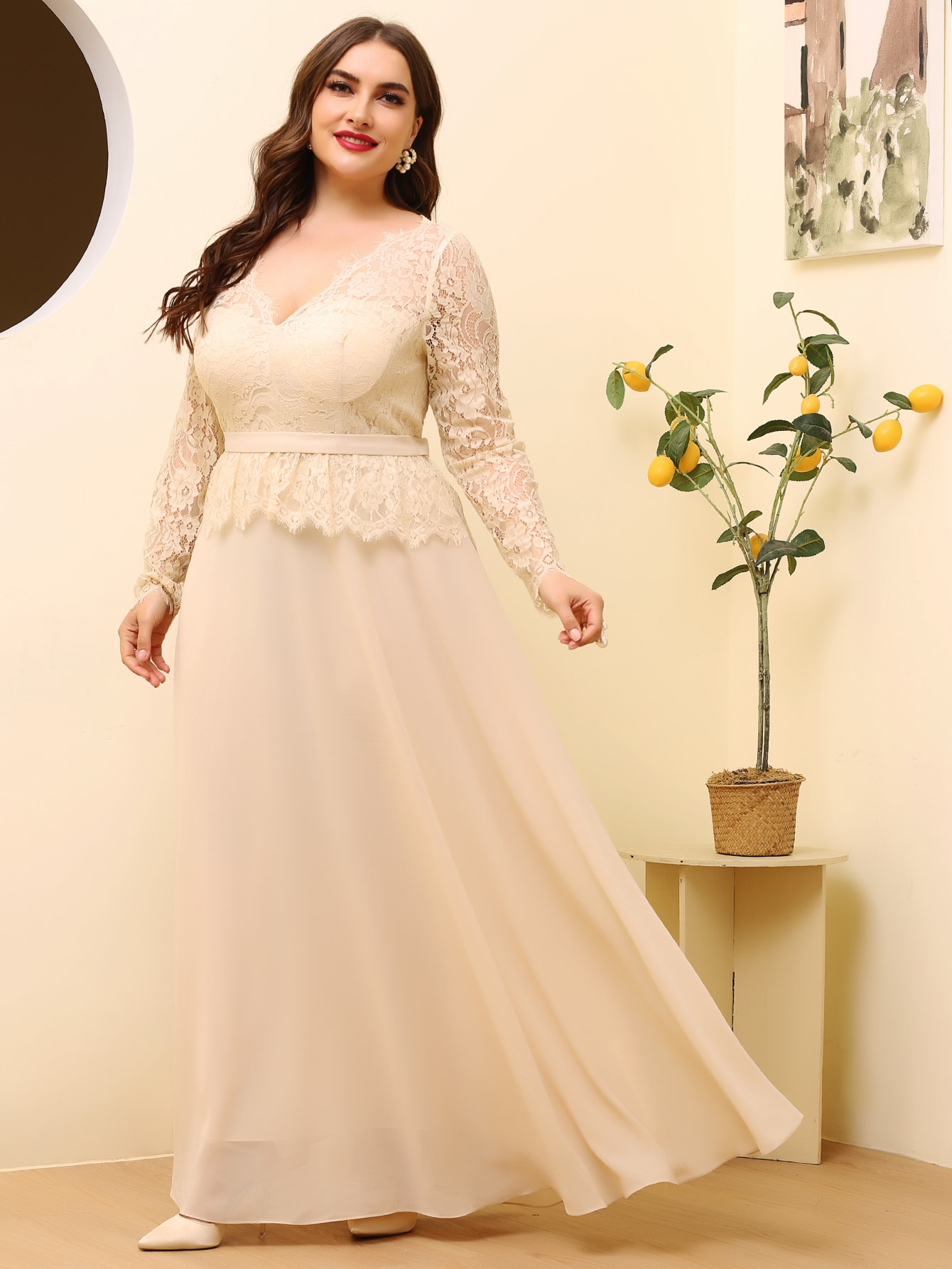 Plus Plunging Neck Contrast Lace A-line Dress thumbnail