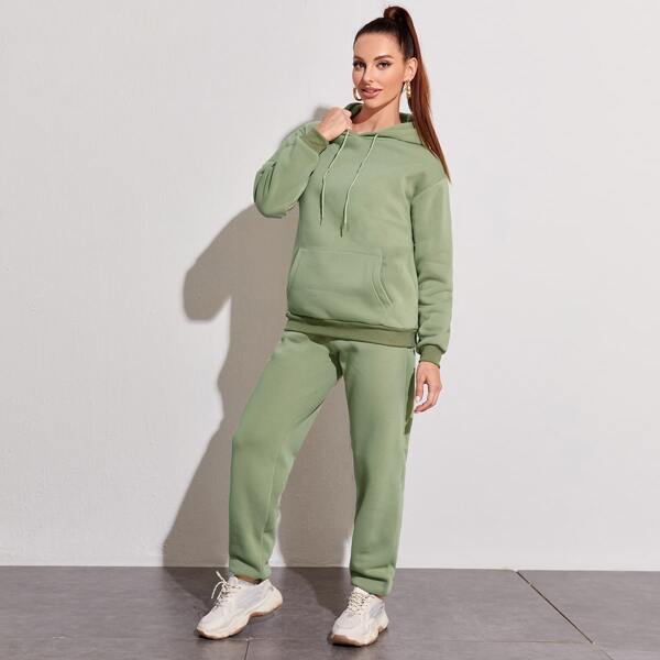 

Kangaroo Pocket Thermal Drawstring Hoodie & Sweatpants, Mint green