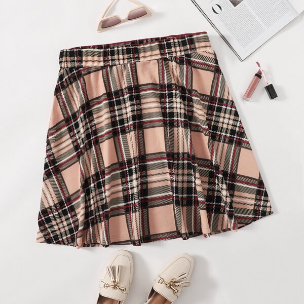 

Plus Tartan Print Flared Skirt, Multicolor