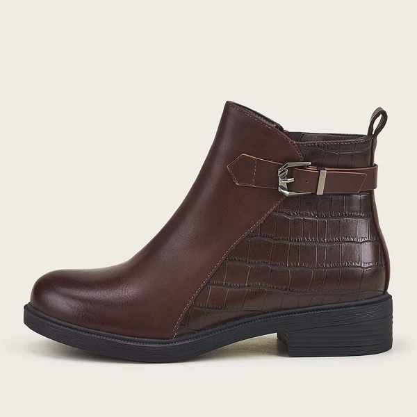 

Croc Embossed Buckle Decor Block Heeled Boots, Brown