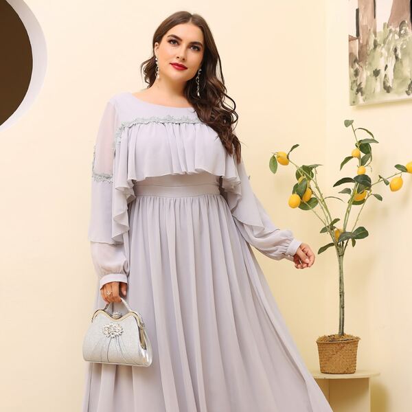 

Plus Exaggerated Ruffle Solid Maxi Dress, Light grey