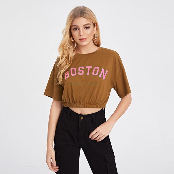 

Letter Graphic Drop Shoulder Crop Tee, Brown