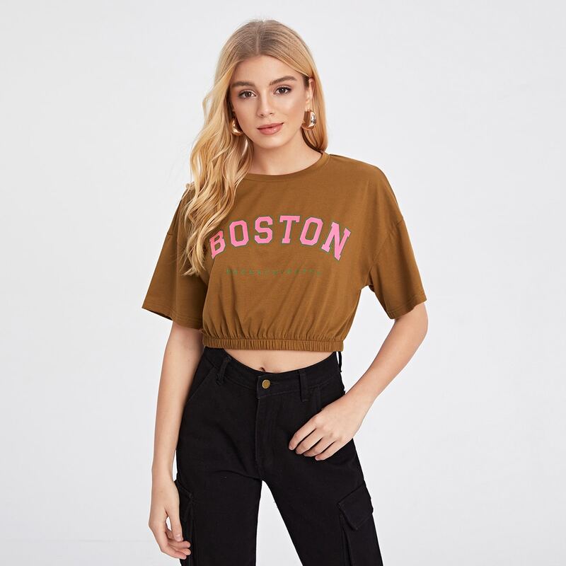 

Letter Graphic Drop Shoulder Crop Tee, Brown