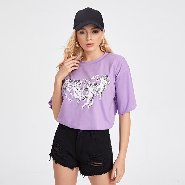 

Angel Print Drop Shoulder Tee, Lilac purple