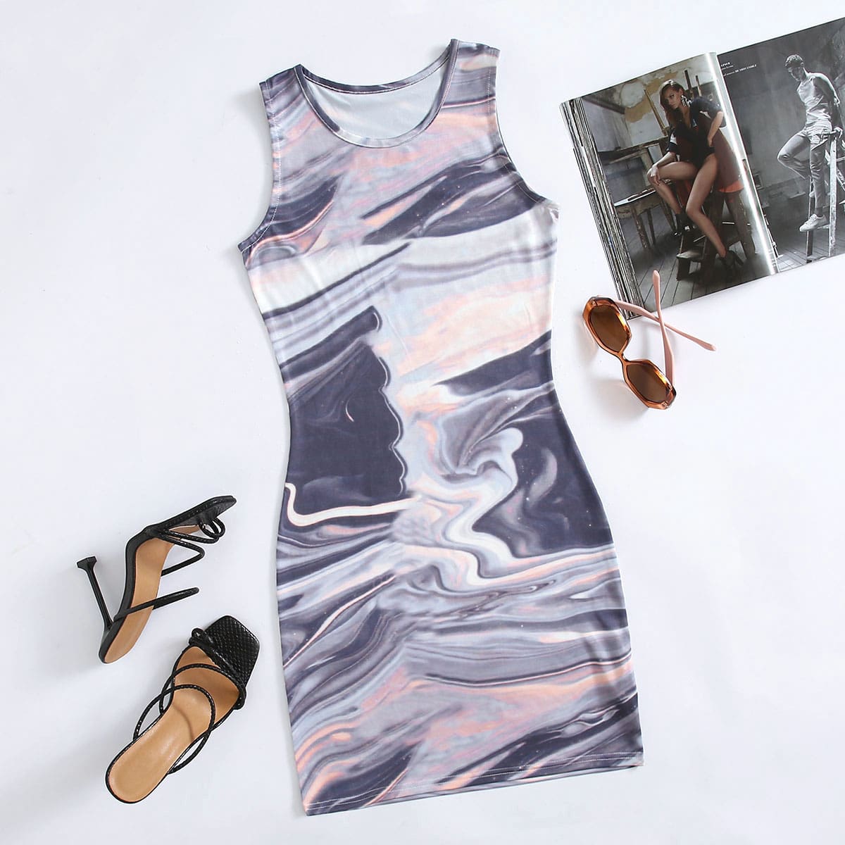 

All Over Print Sleeveless Bodycon Dress, Multicolor