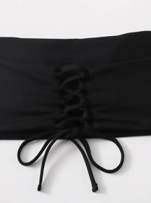 Swim Basics Summer Beach Rib Lace-Up Back Bandeau Bikini Set Full Coverage Strapless Bikini Set - Black - View 3