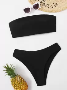 Swim Basics Summer Beach Rib Lace-Up Back Bandeau Bikini Set Full Coverage Strapless Bikini Set - Black - View 4