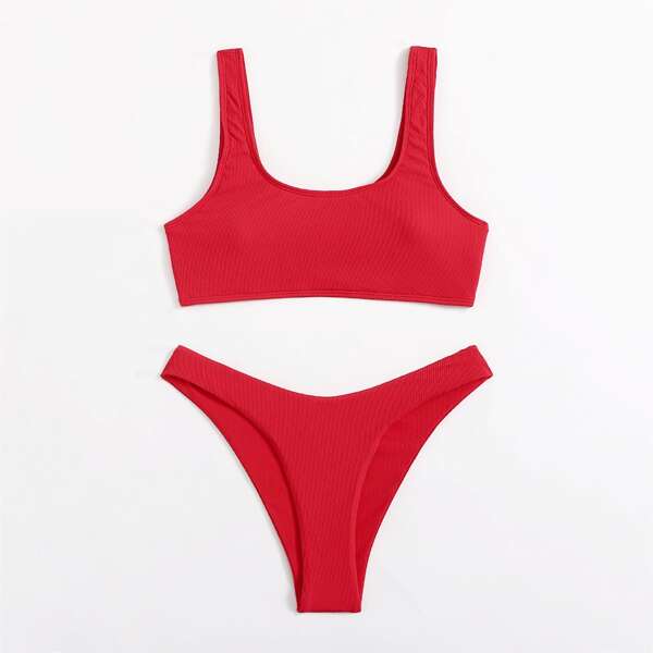 

Rib High Cut Bikini Swimsuit, Red