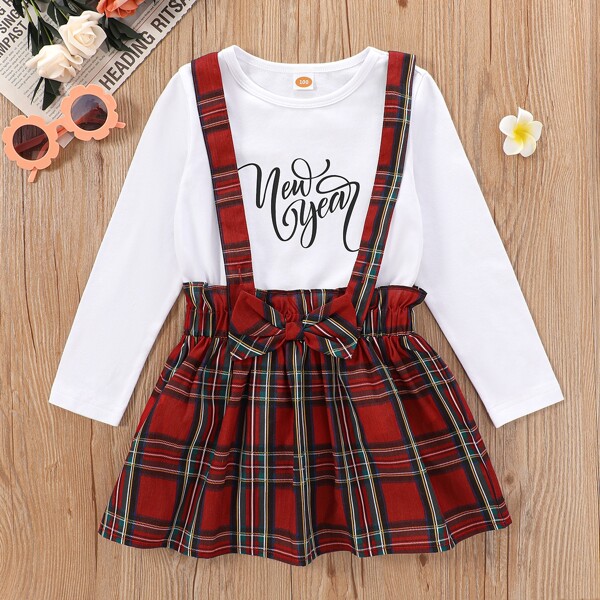 

Toddler Girls Slogan Graphic Tee & Tartan Bow Front Suspender Skirt, Red and white