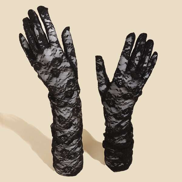 

Floral Print Lace Gloves, Black