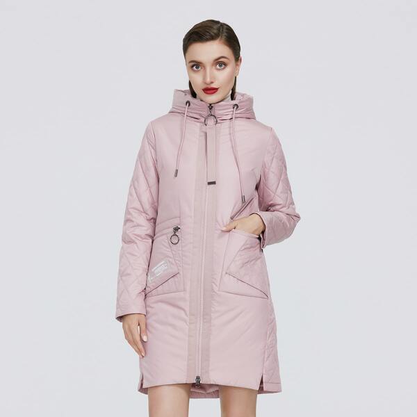 

Patch Pocket Drawstring Hooded Puffer Coat, Baby pink