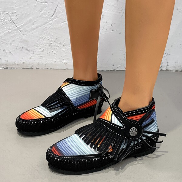 

Fringe Decor Color Block Velcro Strap Ankle Boots, Black