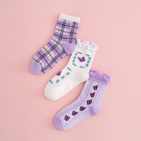 

3pairs Plaid Print Crew Socks, Multicolor