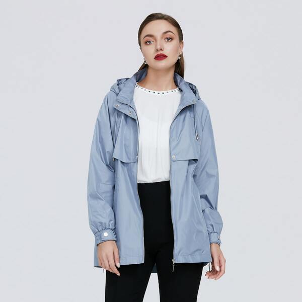 

Zip Up Drawstring Hooded Coat, Pastel baby blue