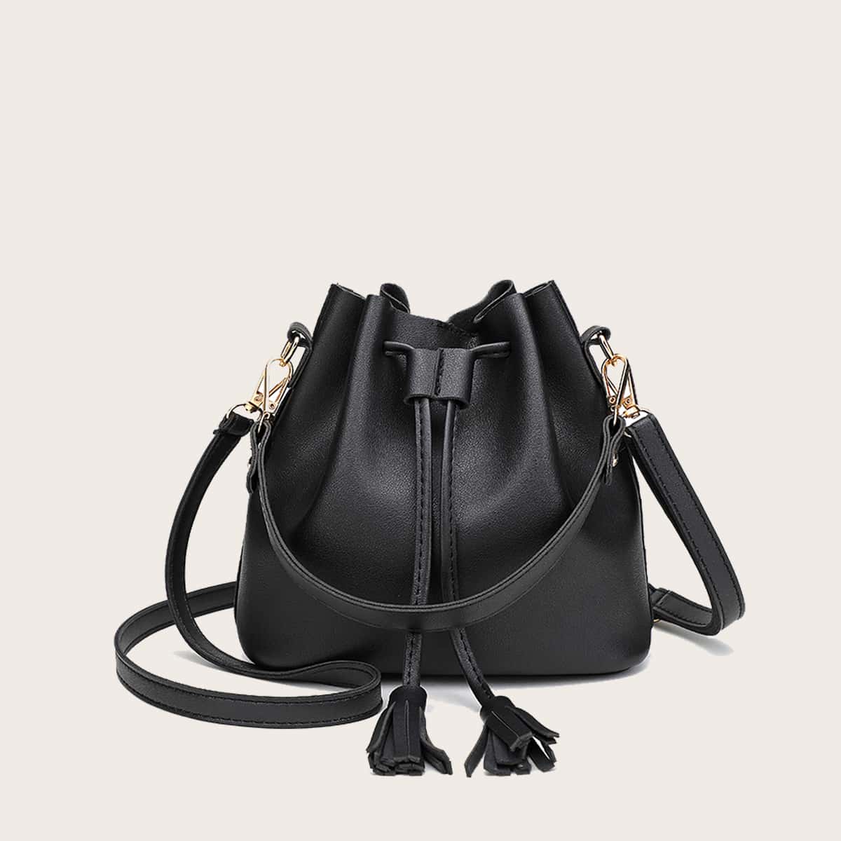 Image of Drawstring Design Tassel Detail Bucket Bag