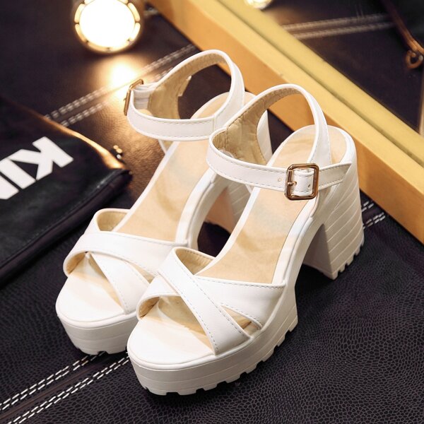 

Cross Strap Platform Chunky Heeled Sandals, White