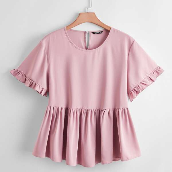 

Plus Flounce Sleeve Ruffle Hem Blouse, Pink