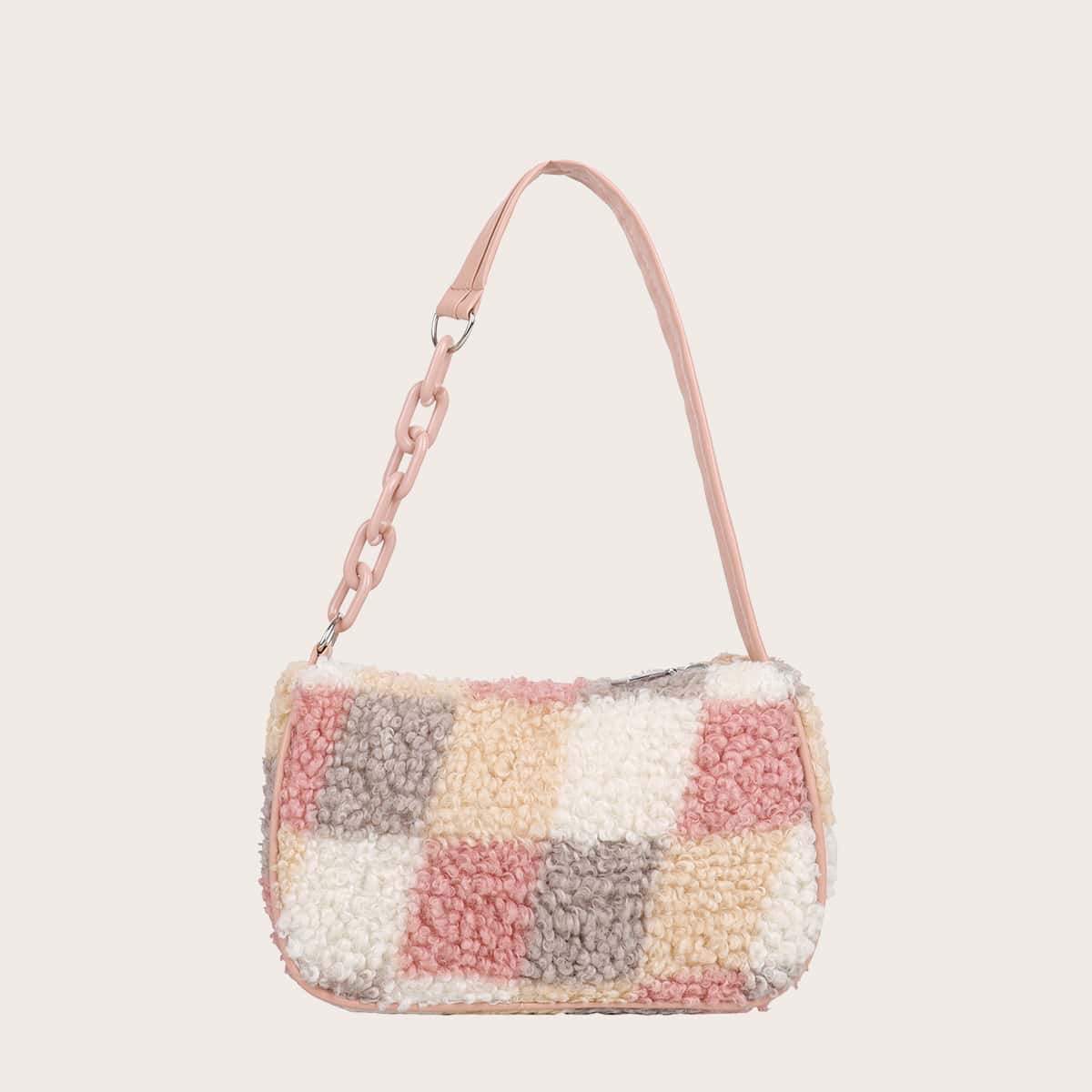 

Color Block Faux Shearling Baguette Bag, Multicolor