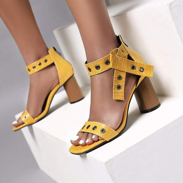 

Croc Embossed Eyelet Decor Chunky Heeled Sandals, Yellow