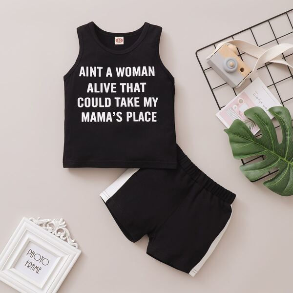 

Baby Boy Slogan Graphic Tank Top With Shorts, Black