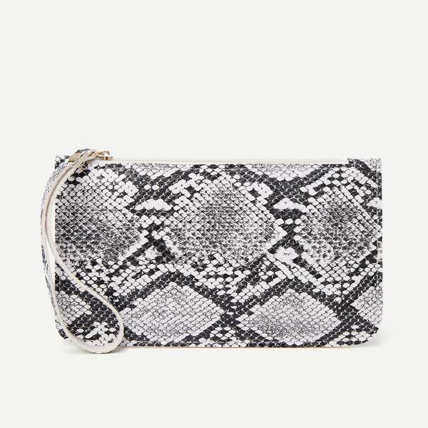 

Snakeskin Print Clutch Bag With Wristlet, Black and white