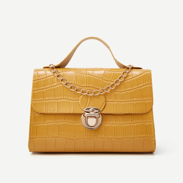 

Push Lock Croc Embossed Satchel Bag, Yellow