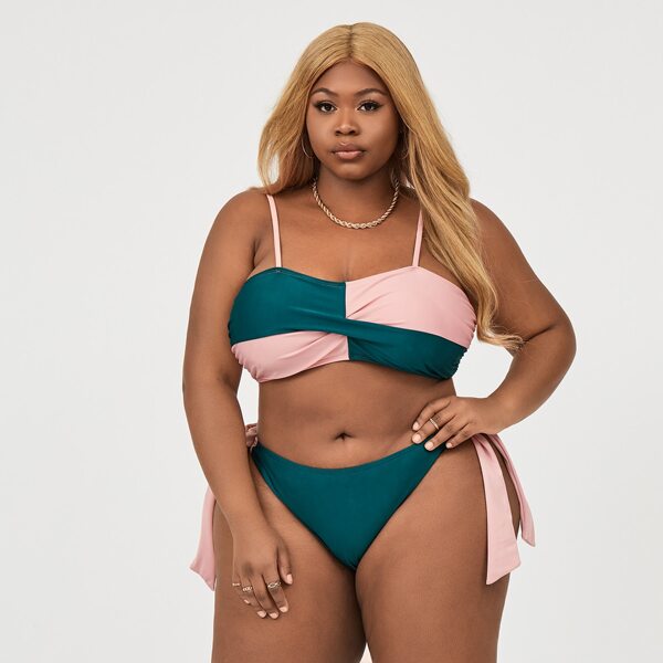 

Plus Color Block Twist Tie Side Bikini Swimsuit, Multicolor