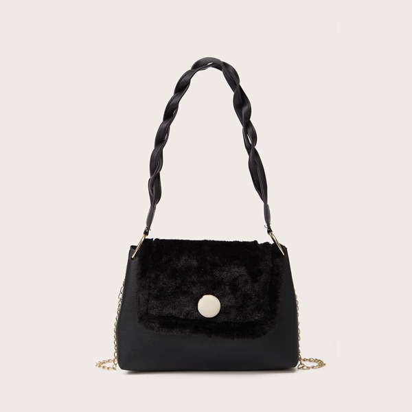 

Snap Button Fluffy Flap Shoulder Bag, Black