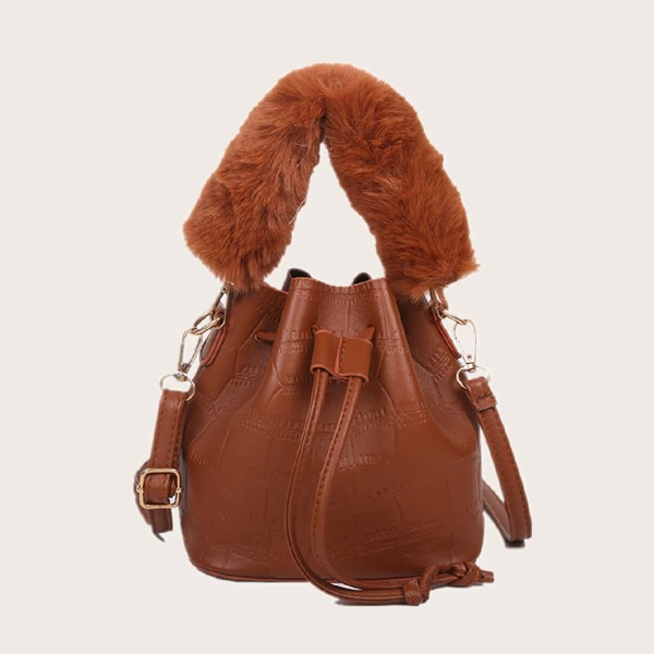 

Faux Fur Croc Embossed Bucket Bag, Brown