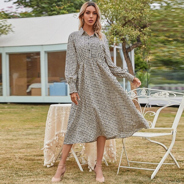 

Button Front Shirred Cuff Houndstooth Dress, Multicolor