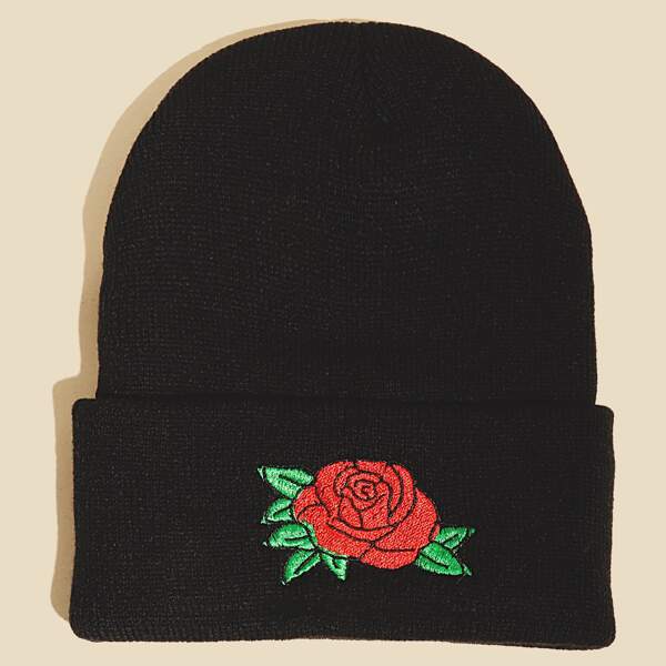 

Flower Embroidered Beanie, Black