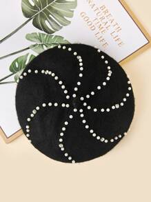 1 件女士黑色纯色蓬松人造珍珠水钻装饰优雅贝雷帽 - 黑色 - 查看 5