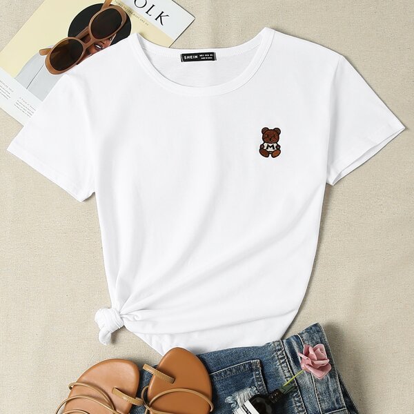 

Round Neck Bear Embroidery Tee, White