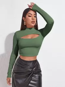 SHEIN Essnce 女士长袖镂空T恤 - 綠色 - 查看 1