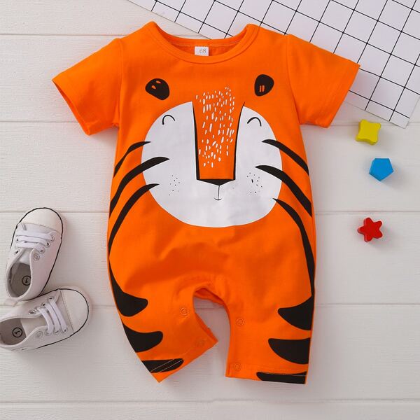 

Baby Boy Cartoon Tiger Print Romper, Orange