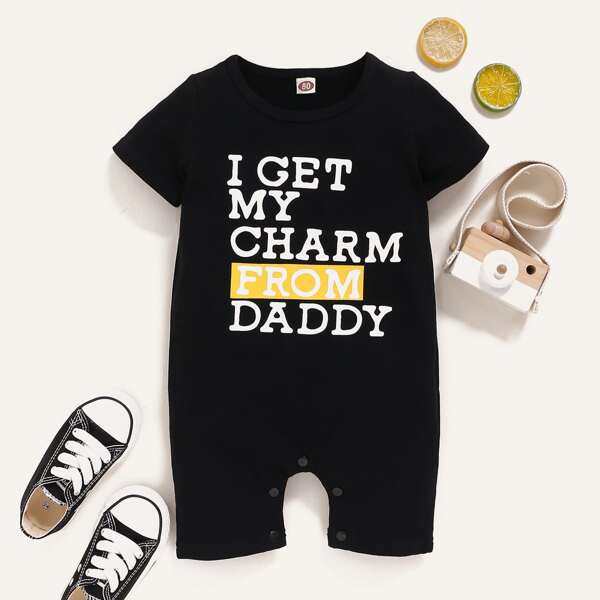 

Baby Boy Slogan Graphic Romper, Black