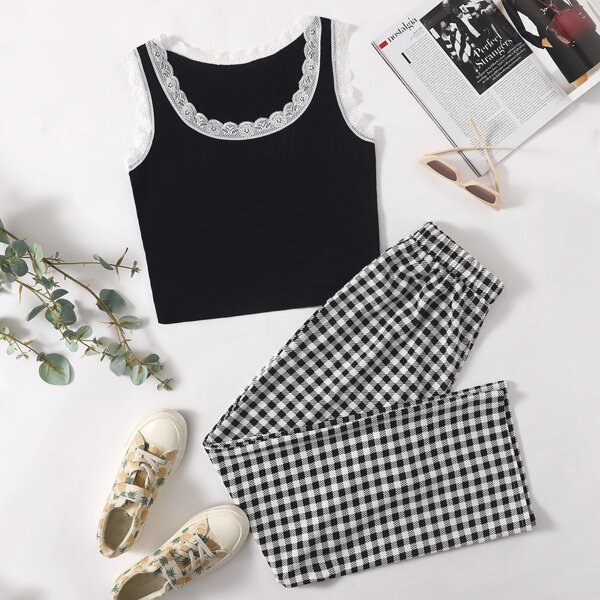 

Lace Trimed Crop Tank Top & Plaid Pants, Black and white
