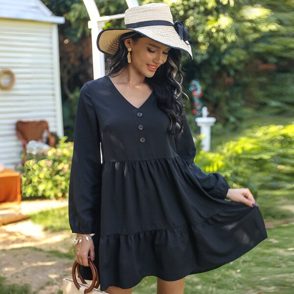 

Button Front Smock Dress, Black