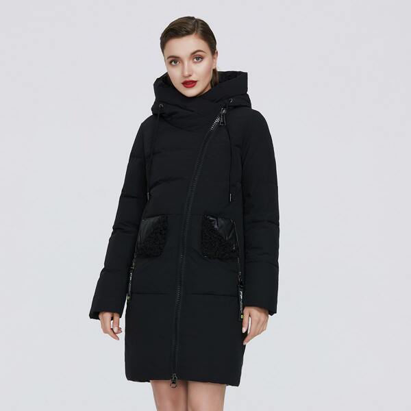 

Zip Up Drawstring Hooded Puffer Coat, Black