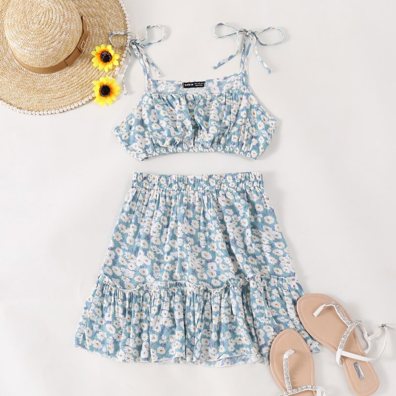 

Ruched Bust Daisy Floral Cami Top & Ruffle Hem Skirt Set, Blue and white