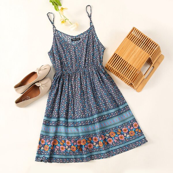 

Striped & Ditsy Floral Print Cami Dress, Multicolor