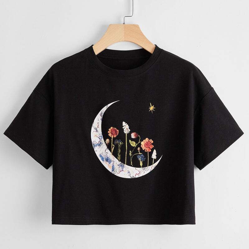 

Moon & Flower Graphic Crop Tee, Black