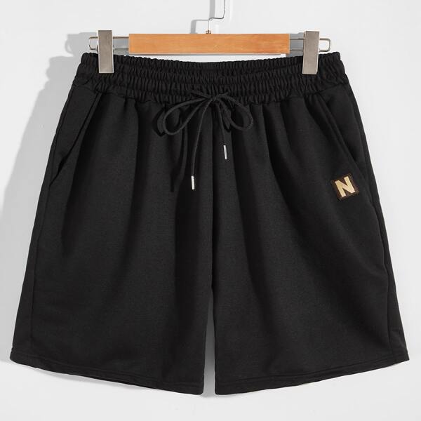 

Men Letter Patched Drawstring Waist Shorts, Black
