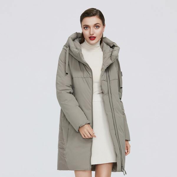 

Zip Up Drawstring Hooded Patched Detail Puffer Coat, Khaki