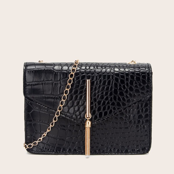 

Croc Embossed Tassel Decor Crossbody Bag, Black