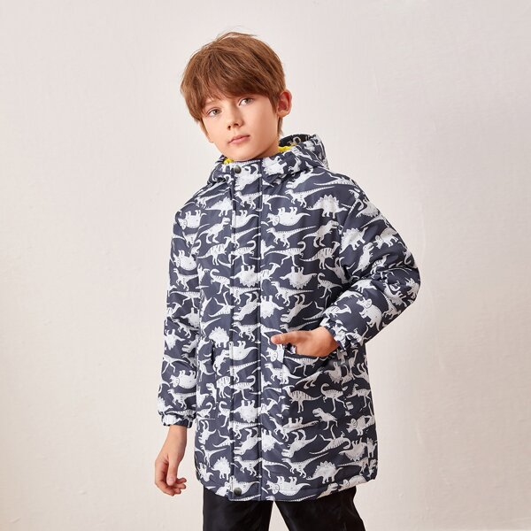 

Boys Dinosaur Print Hooded Puffer Coat, Blue and white